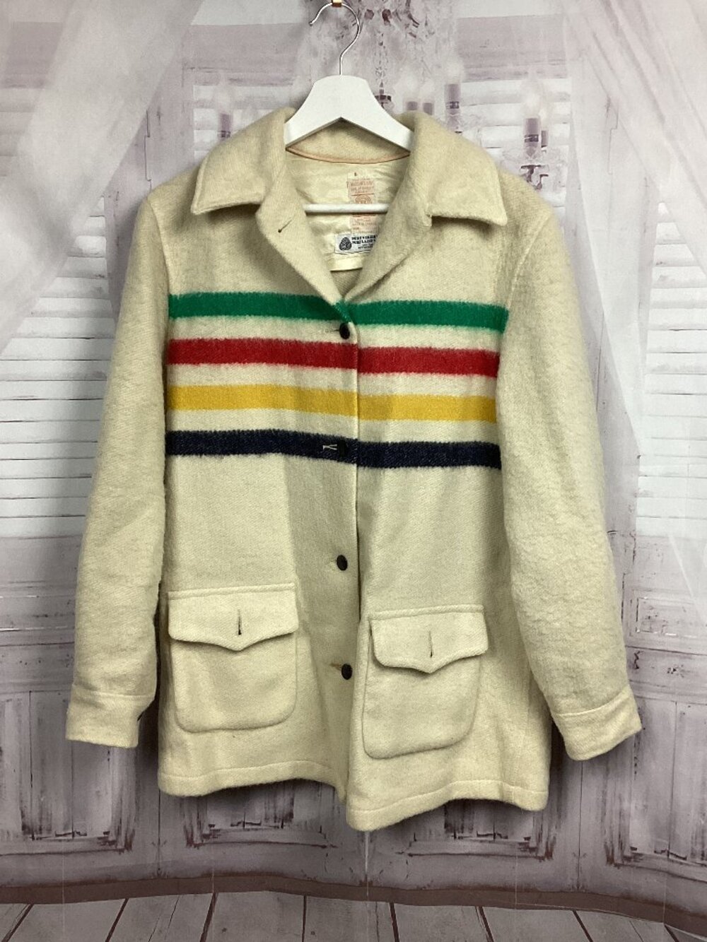 Hudson Bay Point Blanket Coat 100% Virgin Wool Vintage Multicolor L